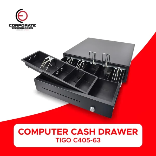 TIGO C405-63 Computer Cash Drawer – Heavy-Duty POS Drawer with RJ11, 3-Position Lock & Emergency Switch